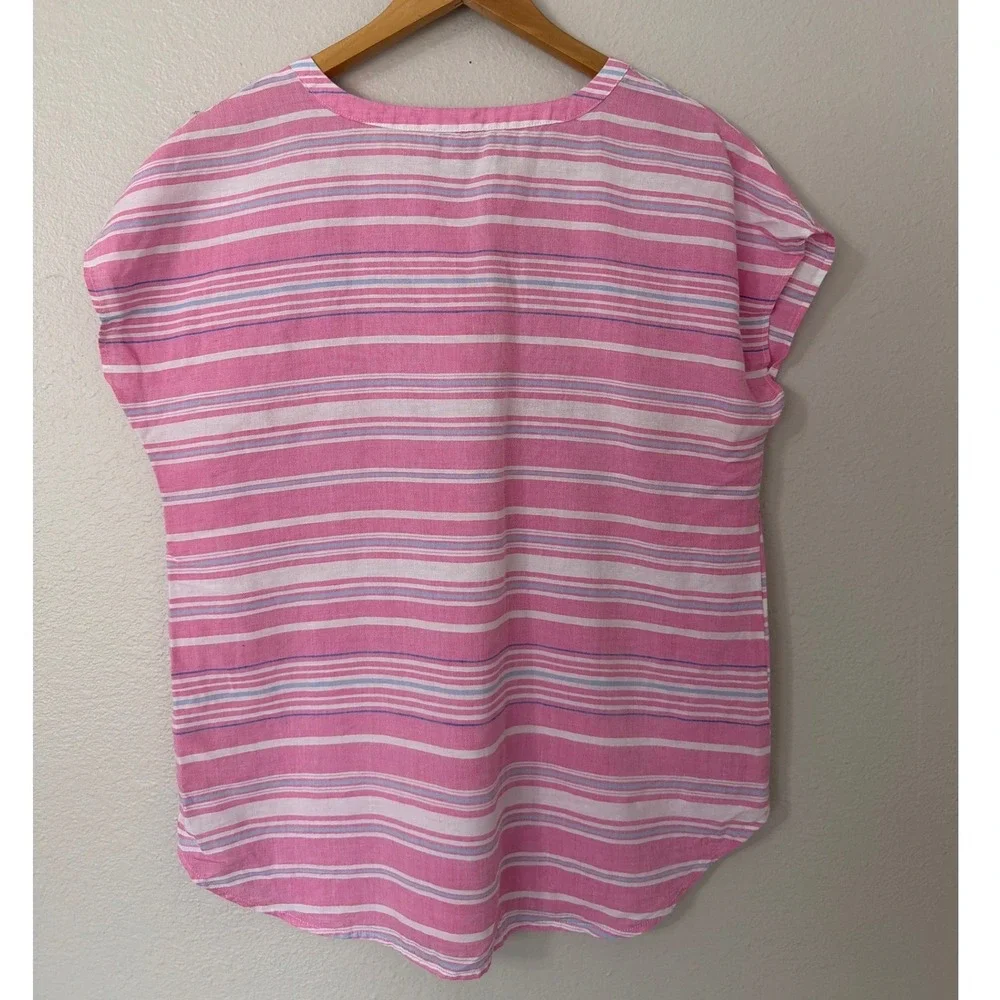 Talbots Womens Small Pink White Striped Linen Blend V-Neck Short Sleeve Blouse - Picture 3 of 5